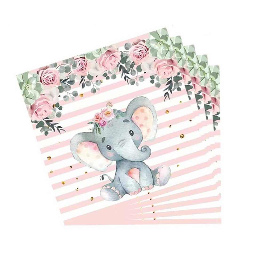 Set 20 de Servetele de Masa, Flippy, Imprimeu Elefant, din Hartie, 16.5 x 16.5 cm, Roz