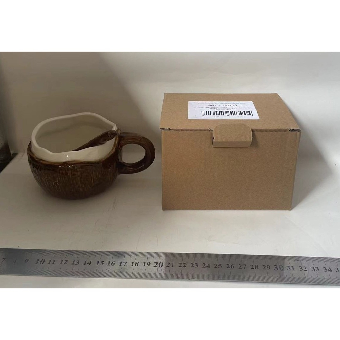 Cana din Ceramica, Flippy, 201-300 ml, cu Lingurita, Model Nuca de Cocos, Maro