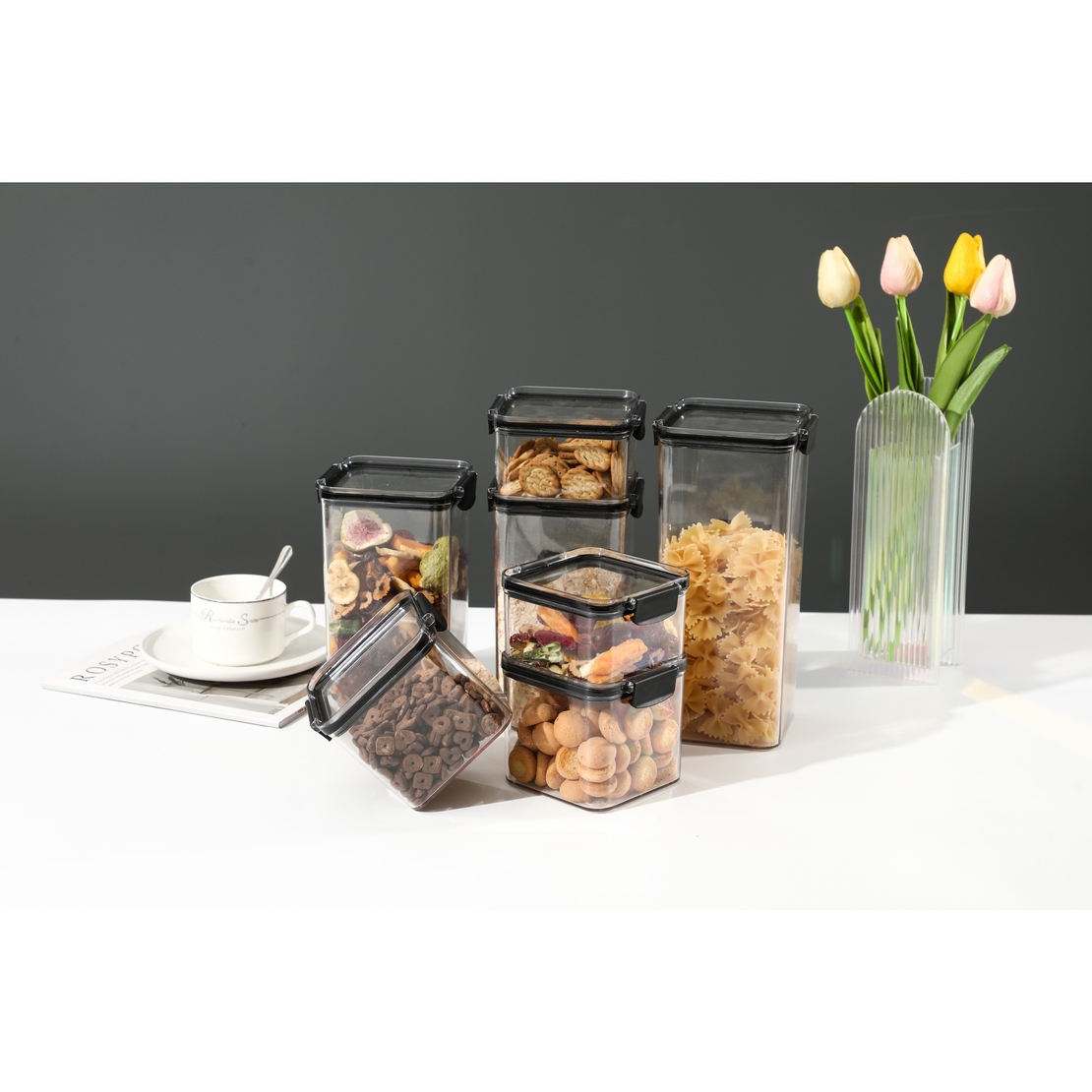 Set 6 Recipiente din Plastic, Flippy, pentru Alimente/Obiecte, Inchidere Ermetica, 2 x 460 ml, 2 x 700 ml, 1 x 1300 ml, 1 x 1800 ml, Transparent
