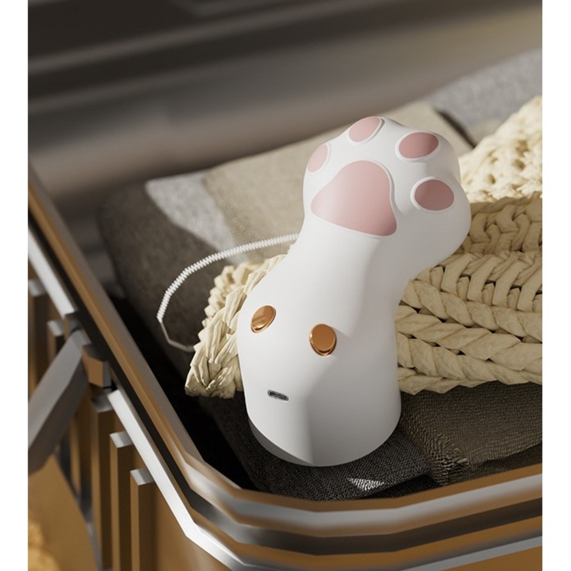 Aparat pentru Curatat Scame, Par Si Praf, Flippy, Pentru Diferite Tipuri De Material, Incarcare USB Type-C, Model Labuta de Pisica, 14x7x7.5 cm, Alb-Roz