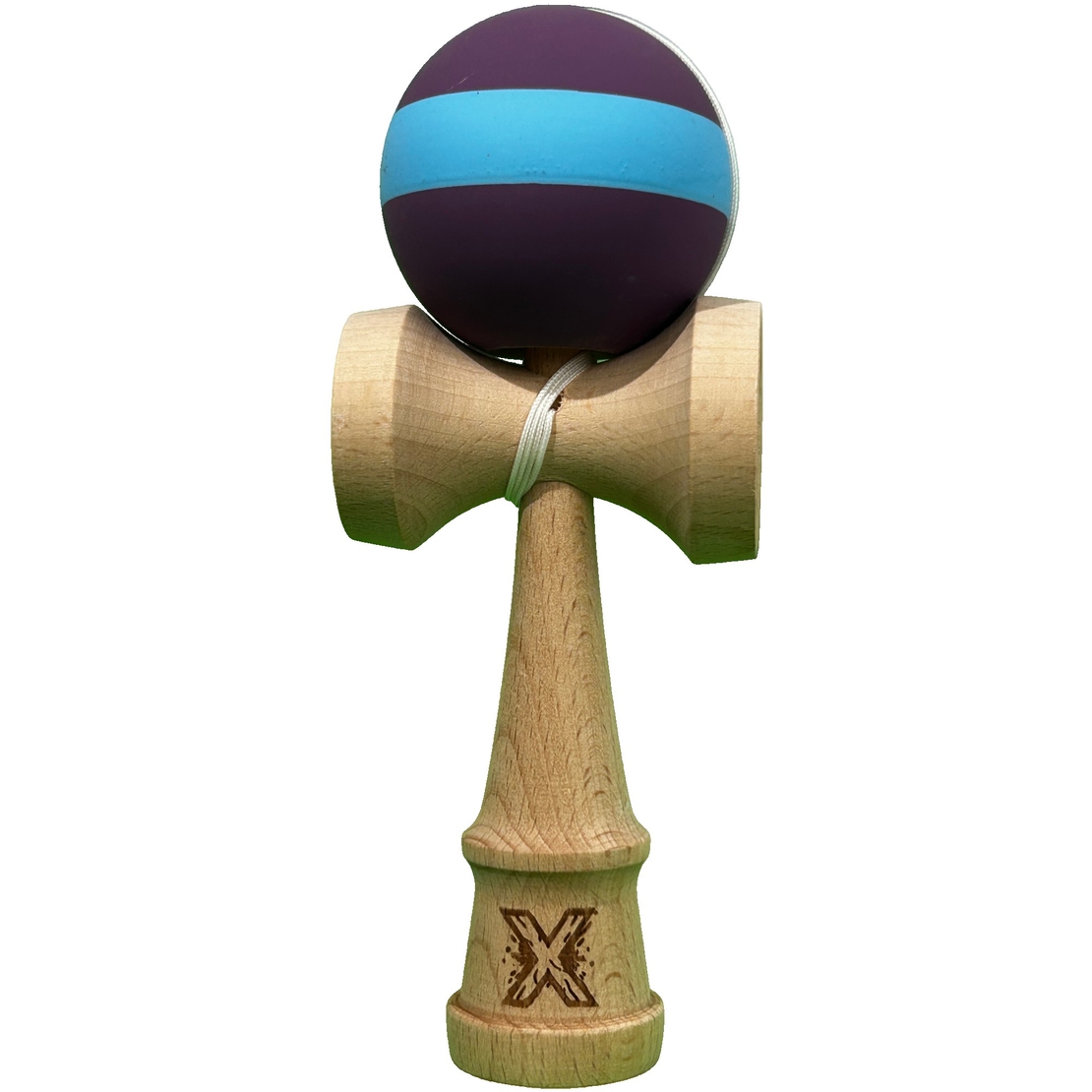 Kendama X Originala, Flippy, 18 cm, Profesionala, +9 Ani, din Lemn, Model cu Dunga, Mov/Albastru