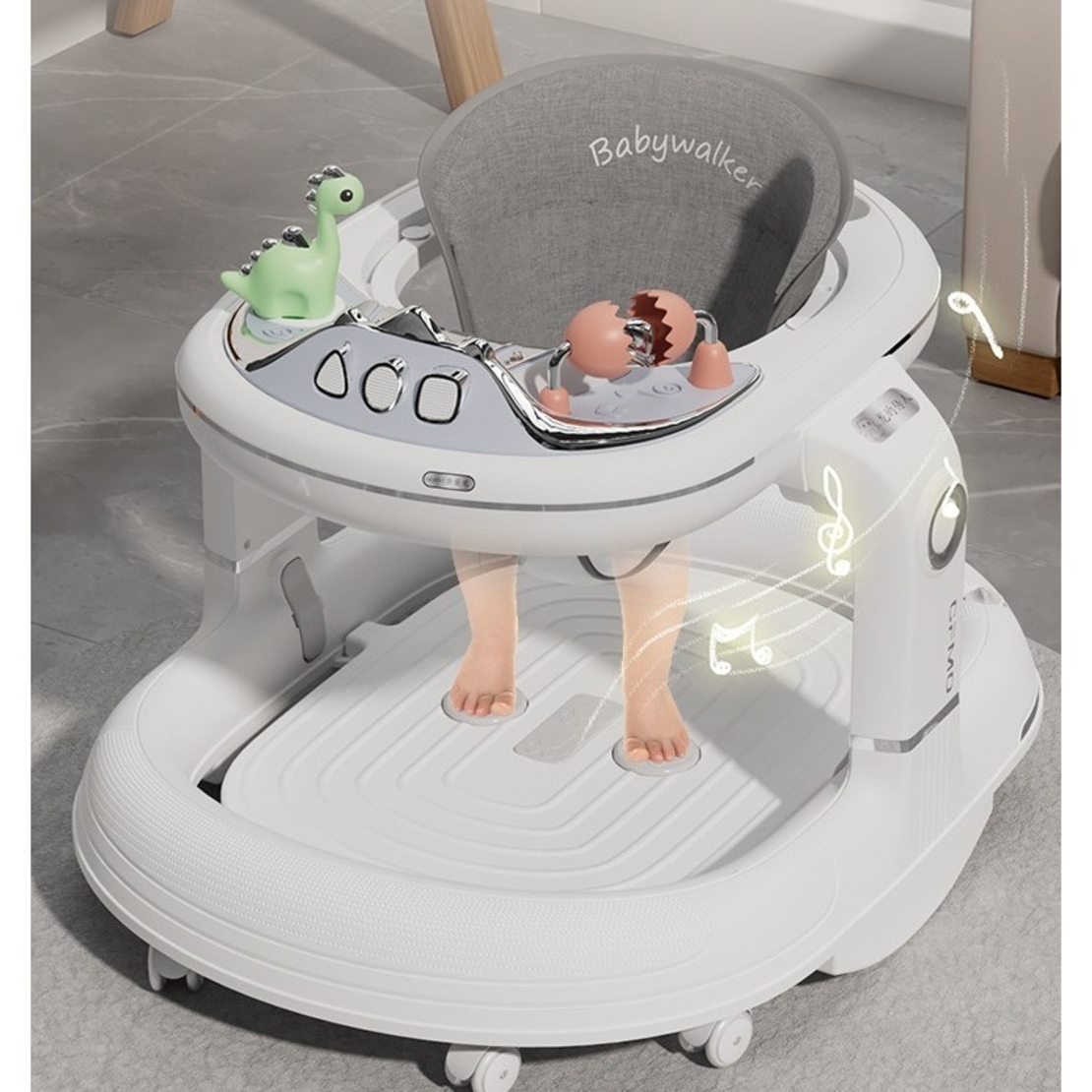 Premergator 4in1, Flippy, Antemergator, Balansoar, Scaun de Masa, Functie Muzicala, din ABS, Roti Universale, Inaltime Reglabila, Sistem Antirasturnare, Greutate Portanta 25 kg, +6 Luni, Alb