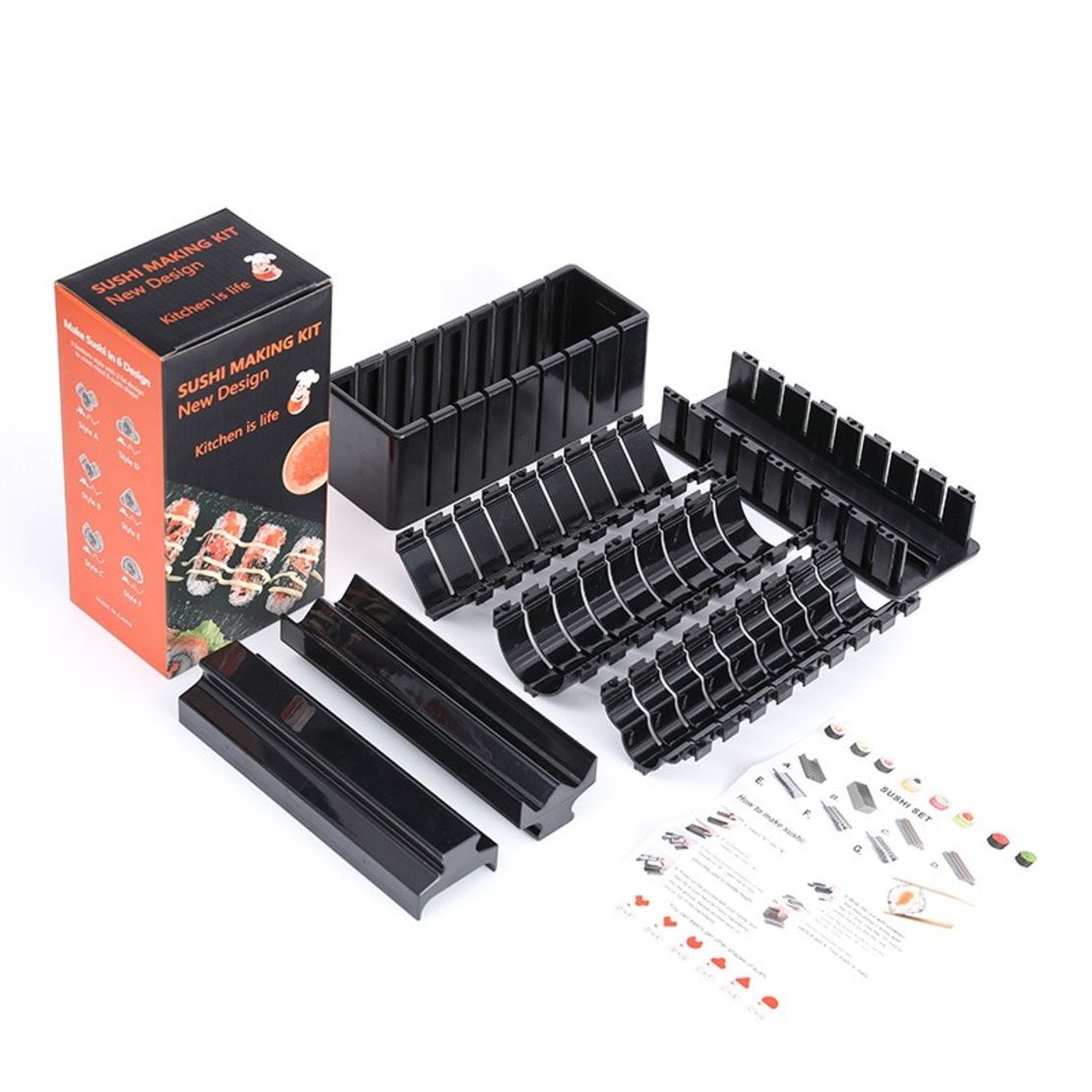 Aparat pentru Sushi, Flippy, Set 7 Accesorii pentru Sushi, Ofera 3 Forme de Design, Rotund, Triunghi, Inimioare, Negru