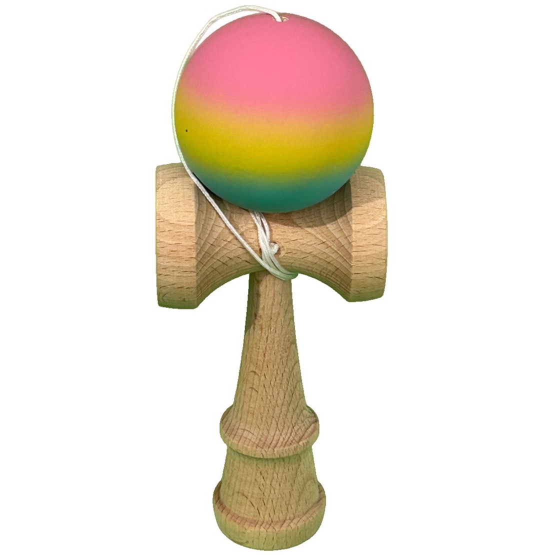 Jucarie Interactiva Kendama Profesionala, Flippy, din Lemn, 18 cm, Joc de Indemanare pentru Copii si Adulti, Gradient Roz Galben Albastru