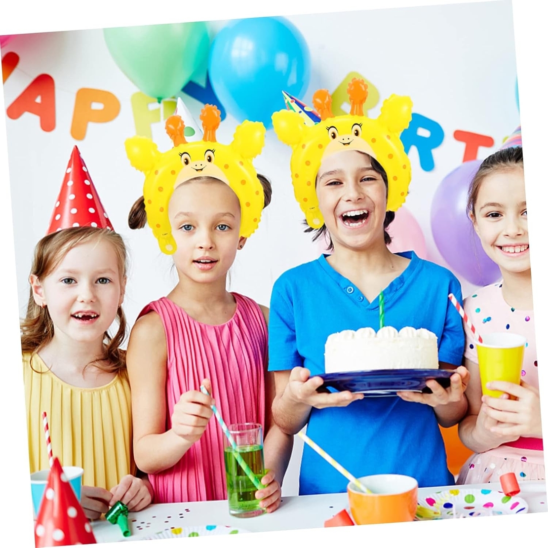 Balon din Folie Metalizata, Flippy, Tip Coronita cu Urechi, Model Girafa, Ambalaj Individual, Pai Inclus, Umflare cu Aer sau Heliu, 28 x 31 cm, Galben