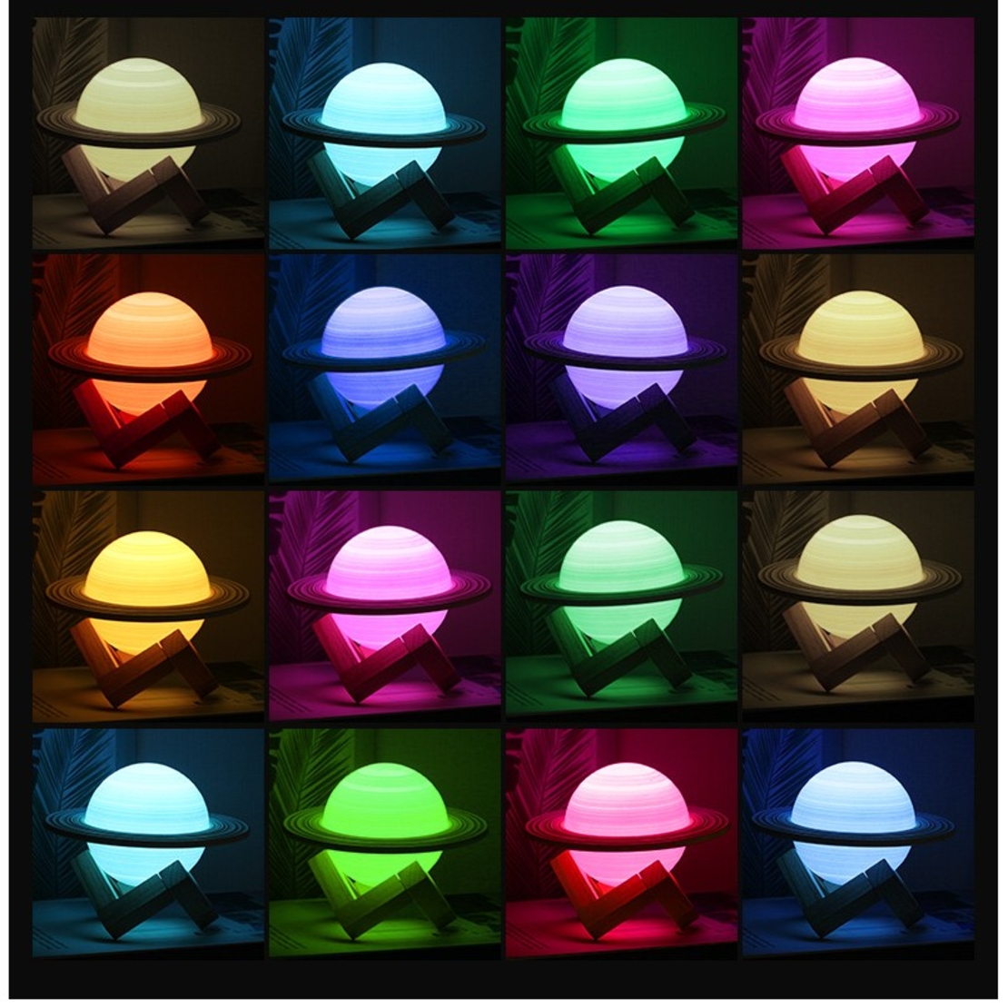 Lampa de veghe cu telecomanda in forma de Saturn 3D Saturn Light 16 culori, alimentare baterii, stand lemn inclus, 15 cm, Flippy