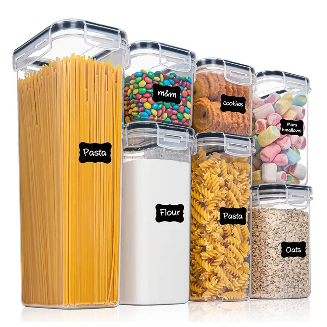 Cutii de depozitare alimente, Flippy, Set din 7 Cutii pentru Condimente, Cereale, Cutii pentru Bucatarie, din Plastic PP, Cutii Alimentare, Diferite Dimensiuni, Transparente