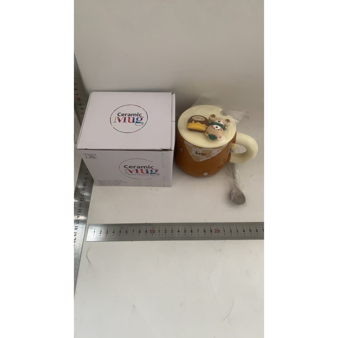 Cana din Ceramica, Flippy, Model Urs pentru Baieti, Cana Universala, Cana pentru Ceai, Cana cu Lingura Metalica si Capac, 9.6 x 9.5 x 9.5 cm, 400 ml Maro
