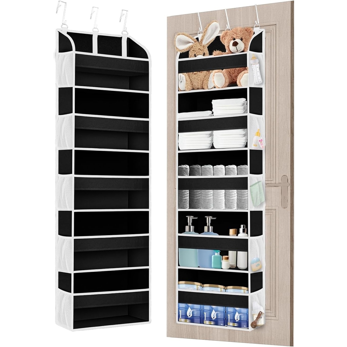 Organizator Suspendat pentru Usi, Flippy, din Nailon si Plasa, Baza de Carton Ingrosat, 5 Buzunare Principale + 10 Buzunare Laterale, 140 x 39 x 17 cm, 3 Carlige Incluse, Negru