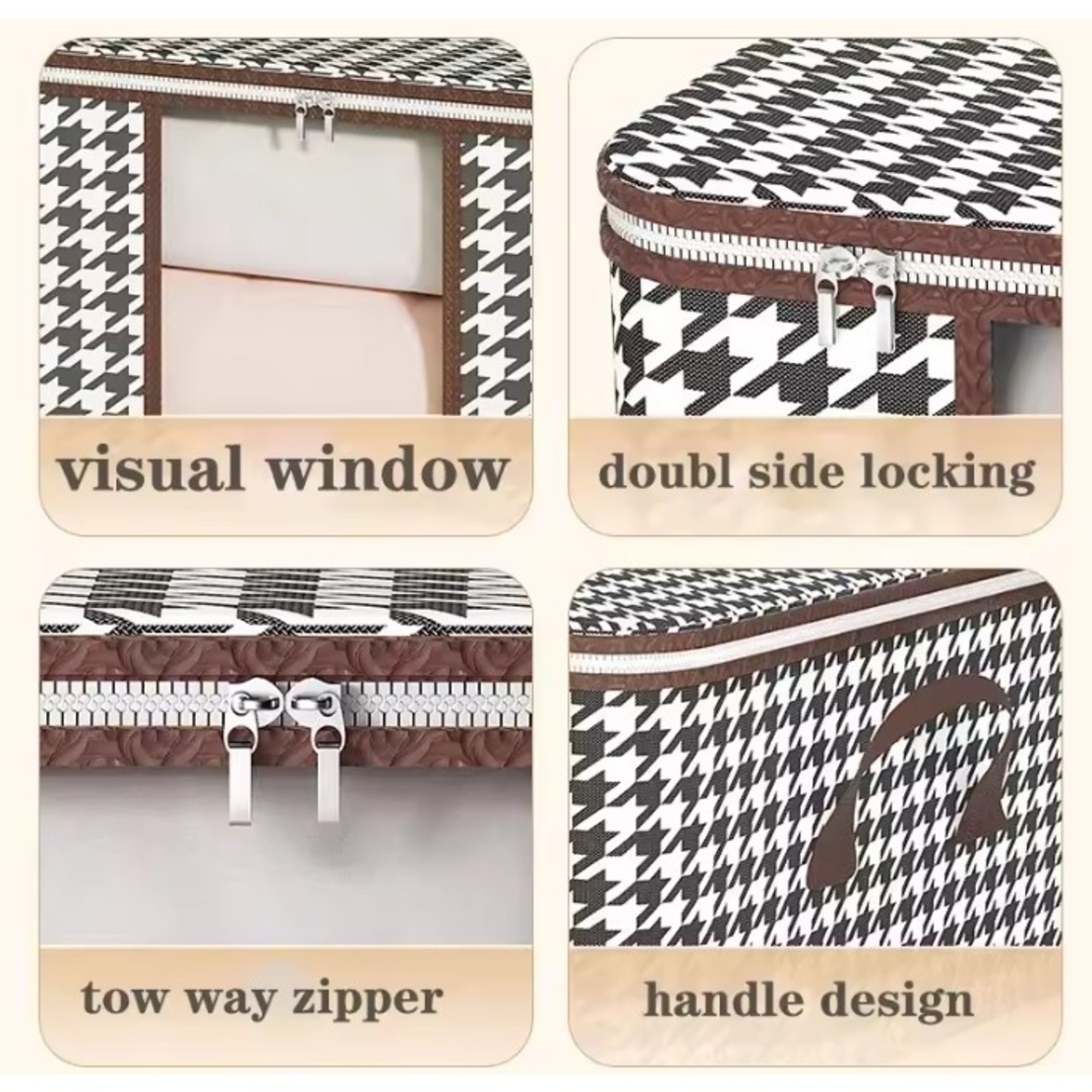 Cutie de Depozitare Pliabila, Flippy, 55x35x25 cm, 50 L, Fereastra Frontala, cu Fermoar Bidirectional, Suport Baza Stabil, Imprimeu in Carouri, Alb/Negru