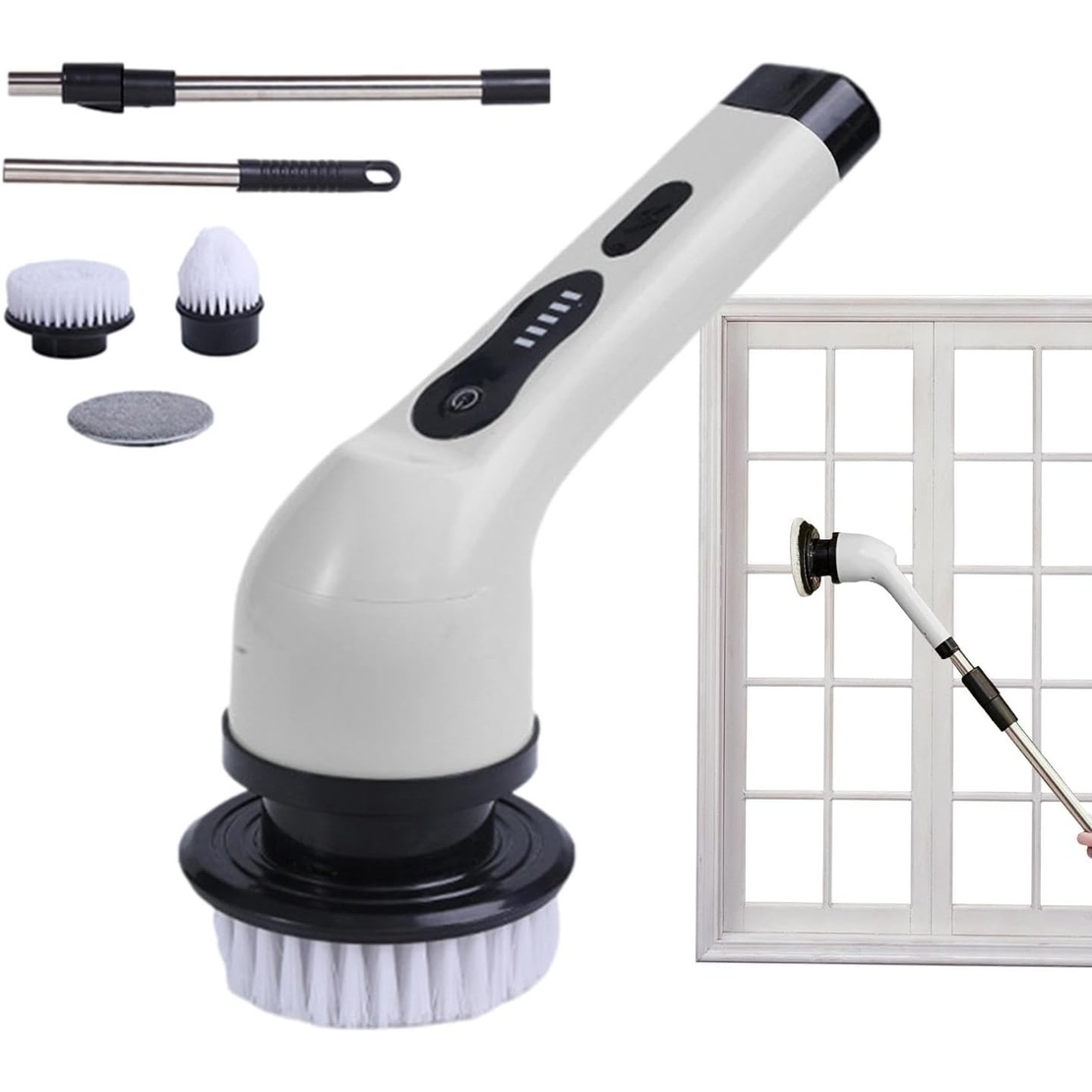 Perie Electrica de Curatare, Flippy, pentru Gresie, Baie, Bucatarie, 25x20x9.5 cm, cu 9 Capete, Maner Extensibil Detasabil 84-127cm, Incarcare USB-Type C, Rotire 360 de Grade, 3000 mAh, Culoare: Alb