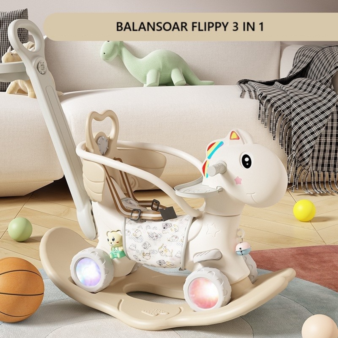 Balansoar pentru Copii, Flippy, 3in1, cu Spatar si Bara de Siguranta, Maner cu Cos de Basket, Tava de Masa, Roti Luminoase, 80 x 43 x 83 cm, din Plastic, + 3 Ani, Bej