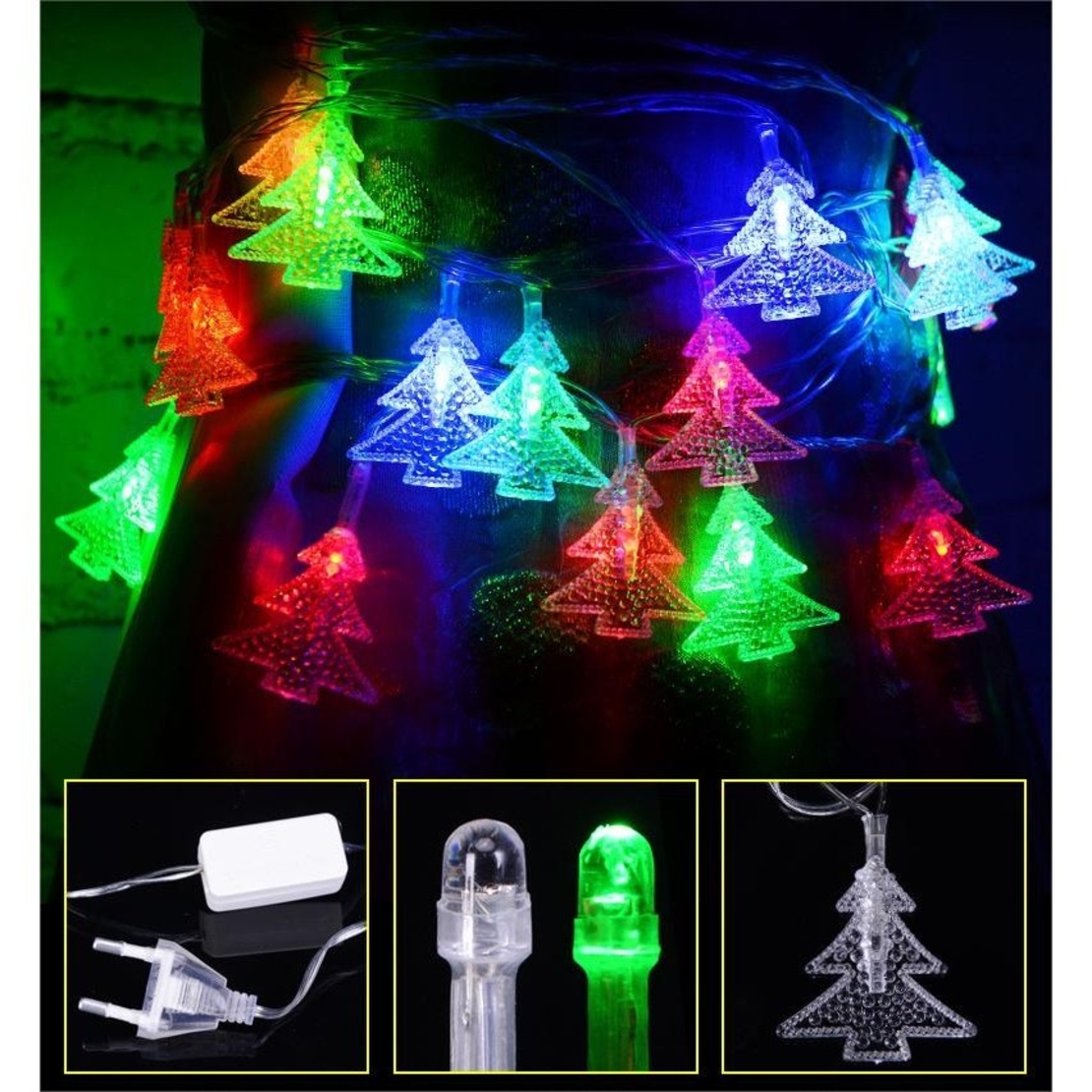 Ghirlanda luminoasa cu bec in forma de brazi, 3 metri, 20 LED-uri, forme din plastic, fir transparent, multicolora