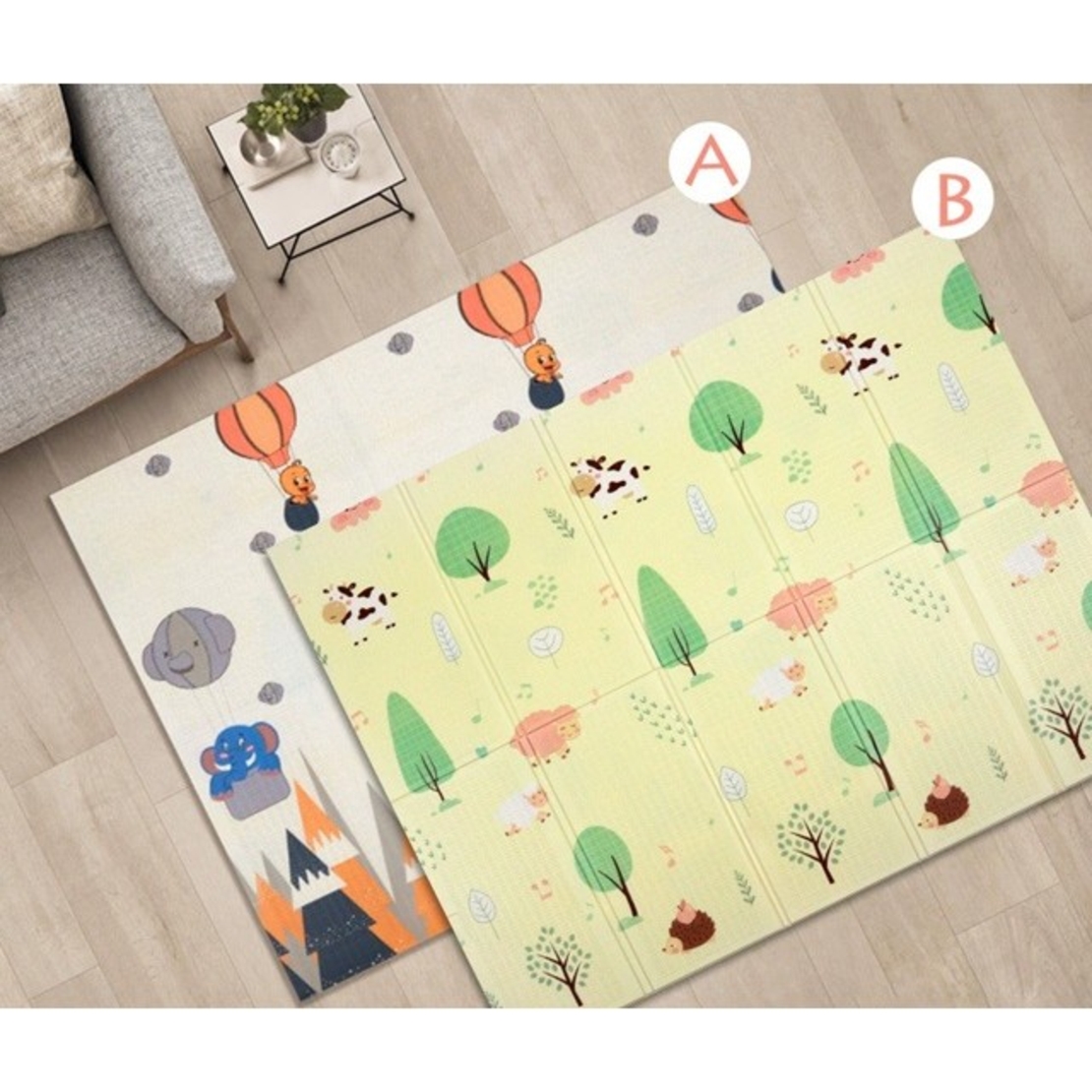 Covoras pentru Copii, Flippy, cu 2 Fete, Model Padure/Elefanti, din XPE+PE, Impermeabil, Antiderapant, Protectie Termica, +3 Luni, Pliabil, 180 x 200 x 1.5 cm, Multicolor
