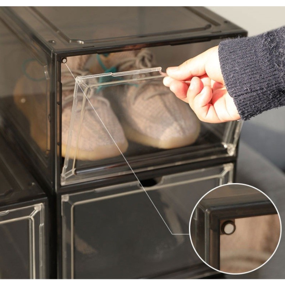 Organizator de Pantofi, Flippy, din PP+ABS, Usa Frontala Magnetica, Rezistenta la Praf, Anti-Oxidare, Utilizare Multipla, 36 x 28 x 21 cm, Gri Transparent