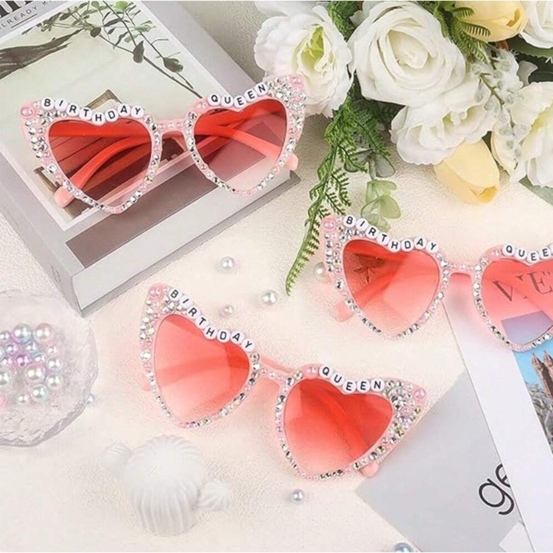 Ochelari Decorativi, Flippy, Model Birthday Queen, cu Diamante, pentru Aniversari, din PC, 15.3 x 5.7 x 14.5 cm, Roz