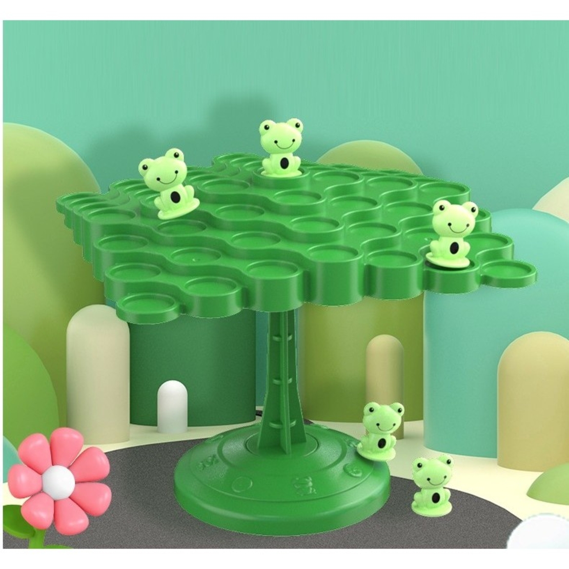 Joc Interactiv, Flippy, Broaste in Echilibru, +3 Ani, din Plastic, 50 de Pioni, Placa de Echilibru, Roata cu Pedepse, Zar, 14 x 7 x 14 cm, Verde