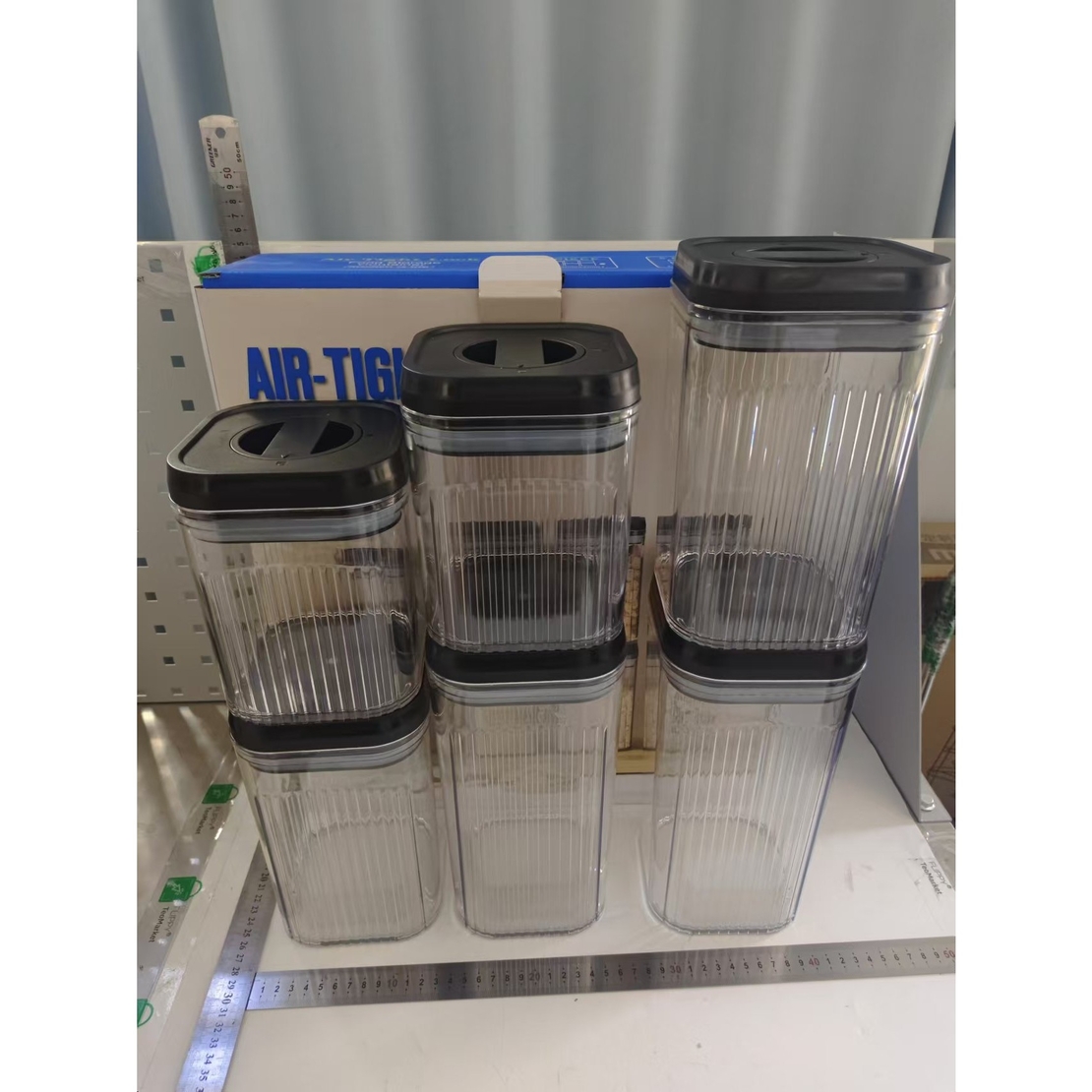 Cutii de Depozitare Alimente, Flippy, Set din 6 Cutii de tip Container, Recipiente pentru Cereale in Bucatarie,  Transparente cu Capac Negru