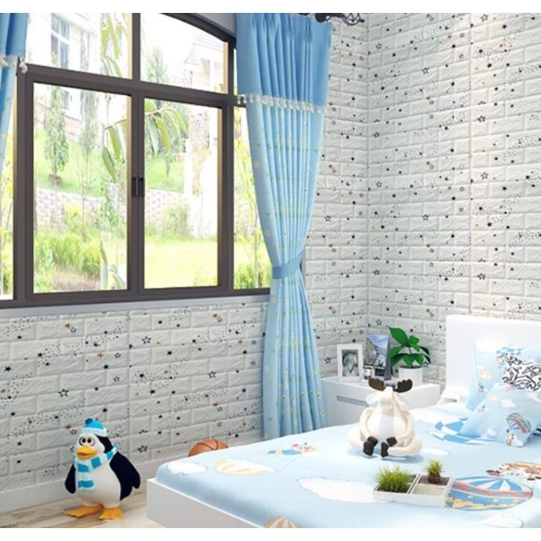 Set 10 Stickere de Perete, Flippy, Autoadezive, 70 x 77 cm, Suprafata Acoperita 5.3 mp, din PVC, Model Stelute Albastre, Alb