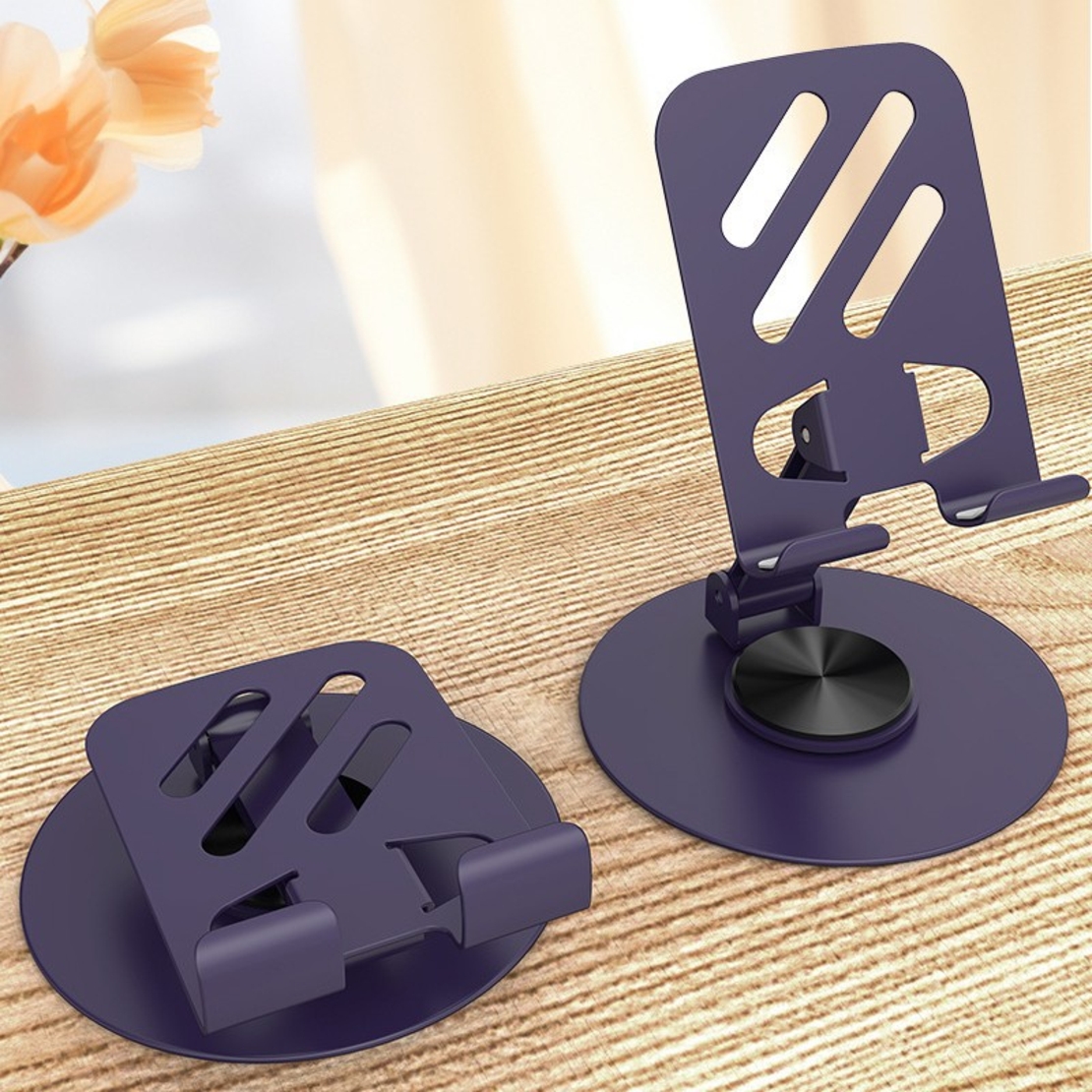 Suport rotativ pentru telefon, Flippy, Complet Metalic, Pliabil, Design Modern pentru Desktop, Multifunctional, Compatibil cu Tableta, 10.5 x 9 x 9 cm, 80 g, Mov