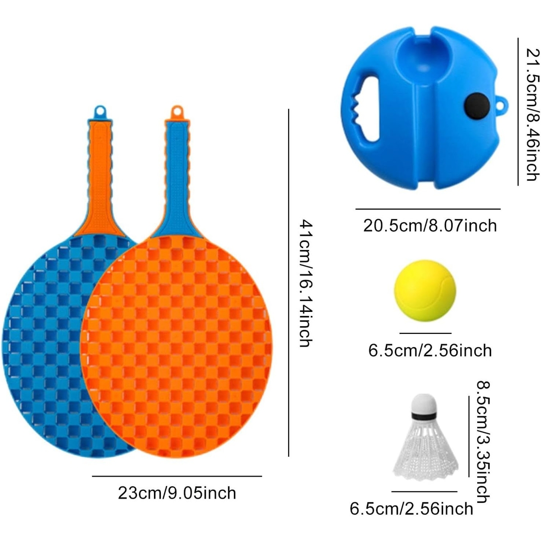 Set Badminton pentru Copii, Flippy, Doua Palete, Fluturas, 2 Mingi, Minge cu Elastic pentru Antrenament, Suport de Prindere Stabil, 41x23 cm, Albastru Portocaliu