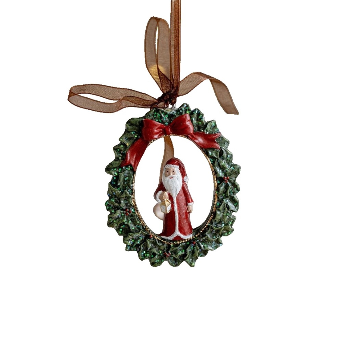 Decoratiune de Craciun, Flippy, pentru Brad, Model Ghirlanda cu Mos Craciun, 8 x 6.5 cm, din Rasina, Multicolor