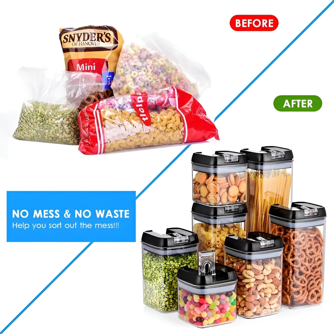 Set Cutii de Depozitare a Alimentelor, Flippy, 7 Recipiente, 10 Etichete Reutilizabile, 4 Linguri, pentru Bucatarie, Spatula, Etansare, Fara BPA, Transparente, Capac Negru