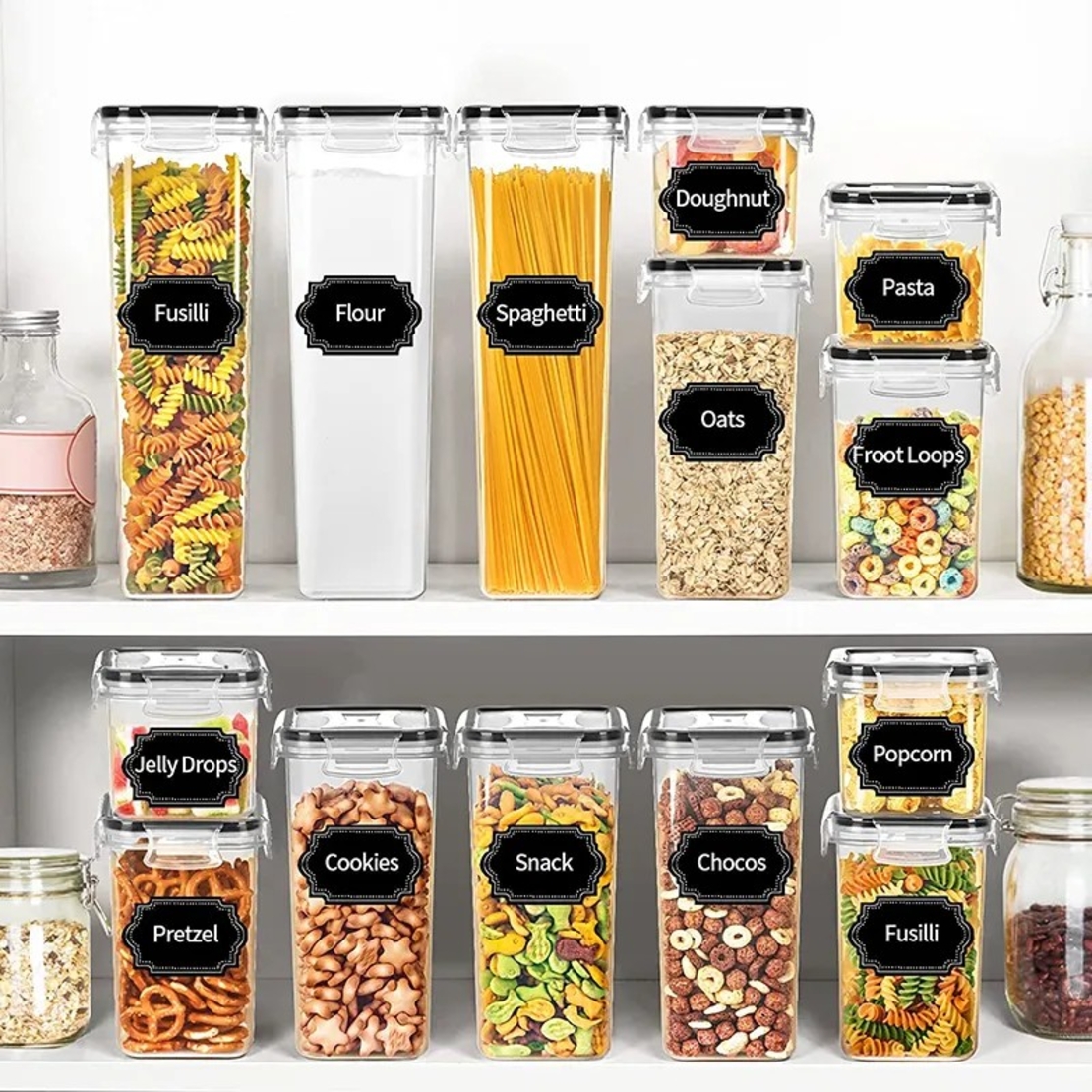 Cutii de depozitare alimente, Flippy, Set din 16 Cutii pentru Condimente, Cereale, Cutii pentru Bucatarie, din Plastic PP, Cutii Alimentare, Diferite Dimensiuni, Transparente