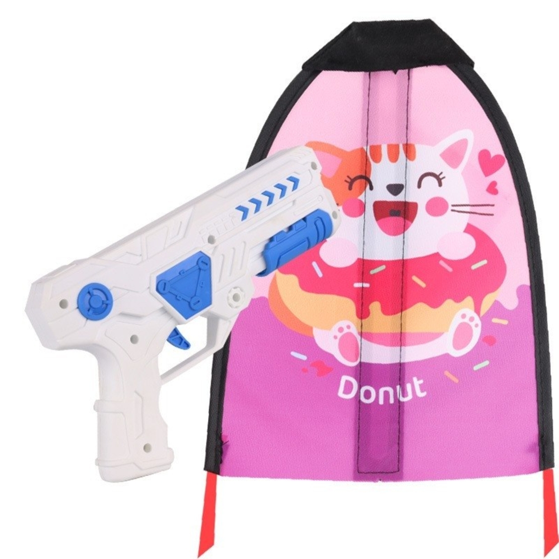 Set 2 Piese Jucarie Interactiva, Flippy, Pistol de Catapultare + Zmeu, din Plastic si Panza, +8 Ani, Impermeabil, Model Pisicuta cu Gogoasa, Multicolor