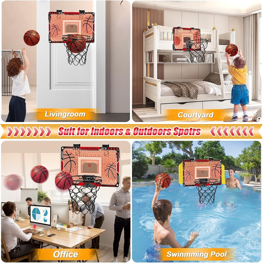 Cos de Baschet pentru Copii, Flippy, cu Tablou de Bord Electronic, Minge, Pompa, 2 Moduri, Interior/Exterior, Inel Metalic si Rabatabil cu Arc, Luminos, 41x27.5x5 cm, Multicolor