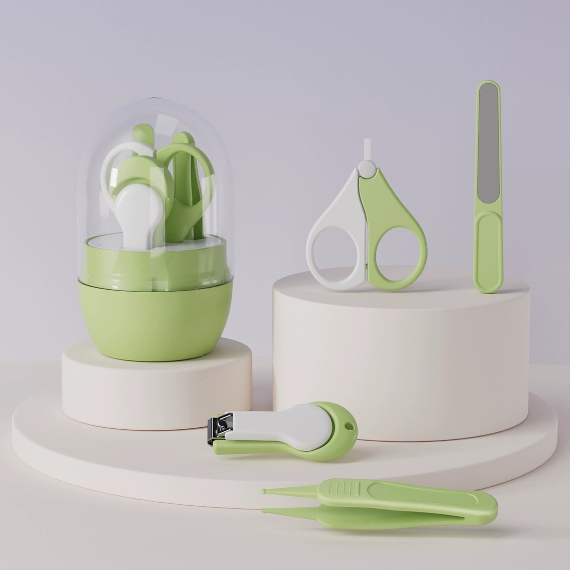 Set 4in1 de Ingrijire Unghii pentru Bebelusi, Flippy, Cutie de Depozitare Tip Borcan, 0-6 Ani, 10 x 7 x 6 cm, Verde