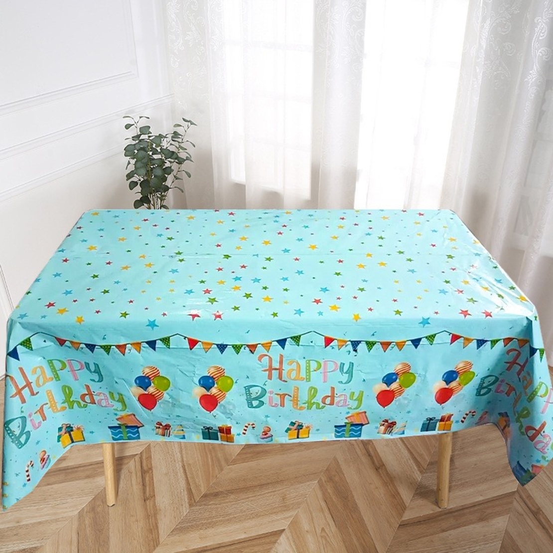 Fata de Masa, Flippy, din Folie, Imprimeu Happy Birthday cu Baloane, 137 x 274 cm, Albastru