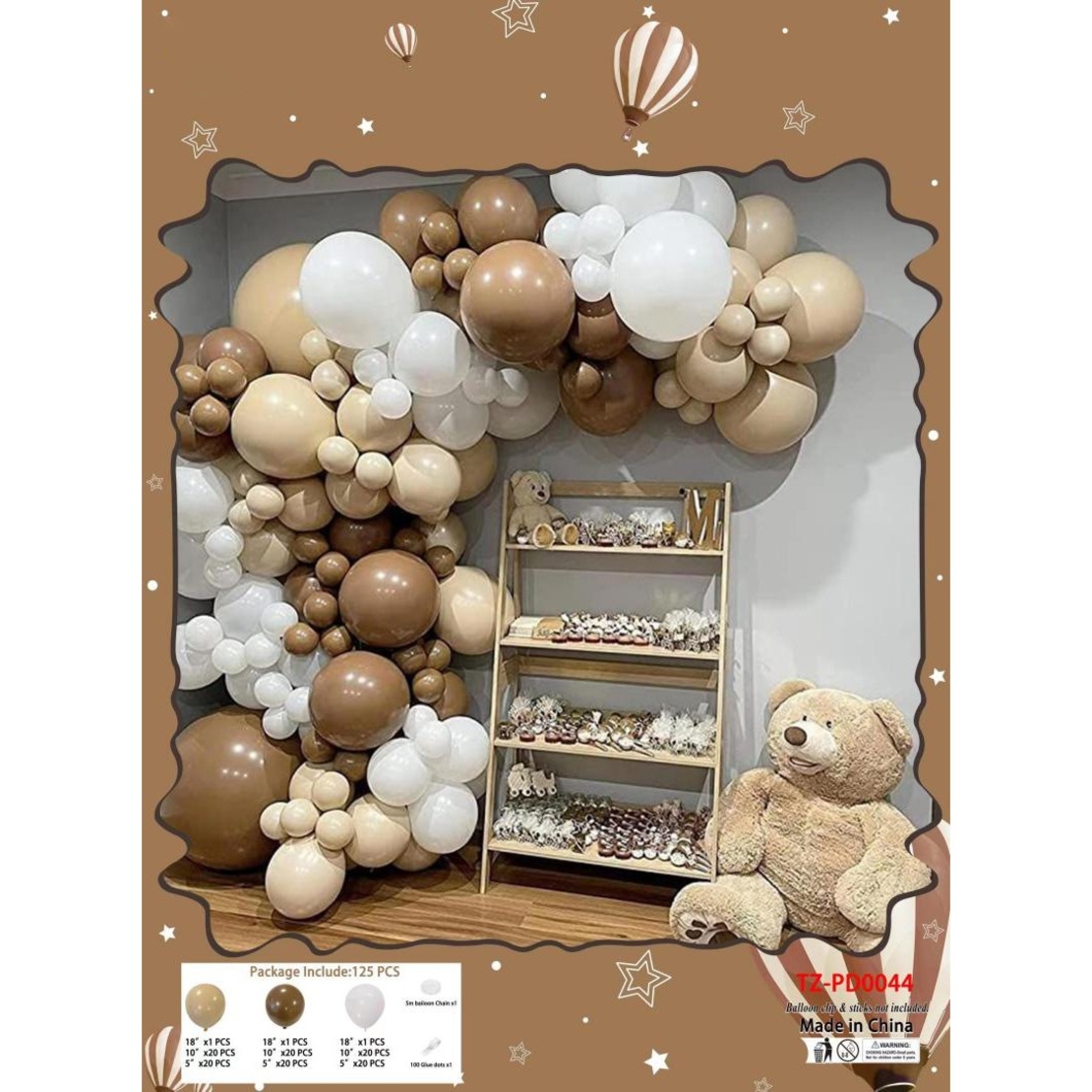Baloane din Latex pentru Arcada, Flippy, Set Mix din 125 baloane, Model Petrecere pentru Arcada, Baloane Party, 12 cm, 25 cm, 45 cm, Pai si Adeziv inclus in pachet, Maro, Alb, Bej