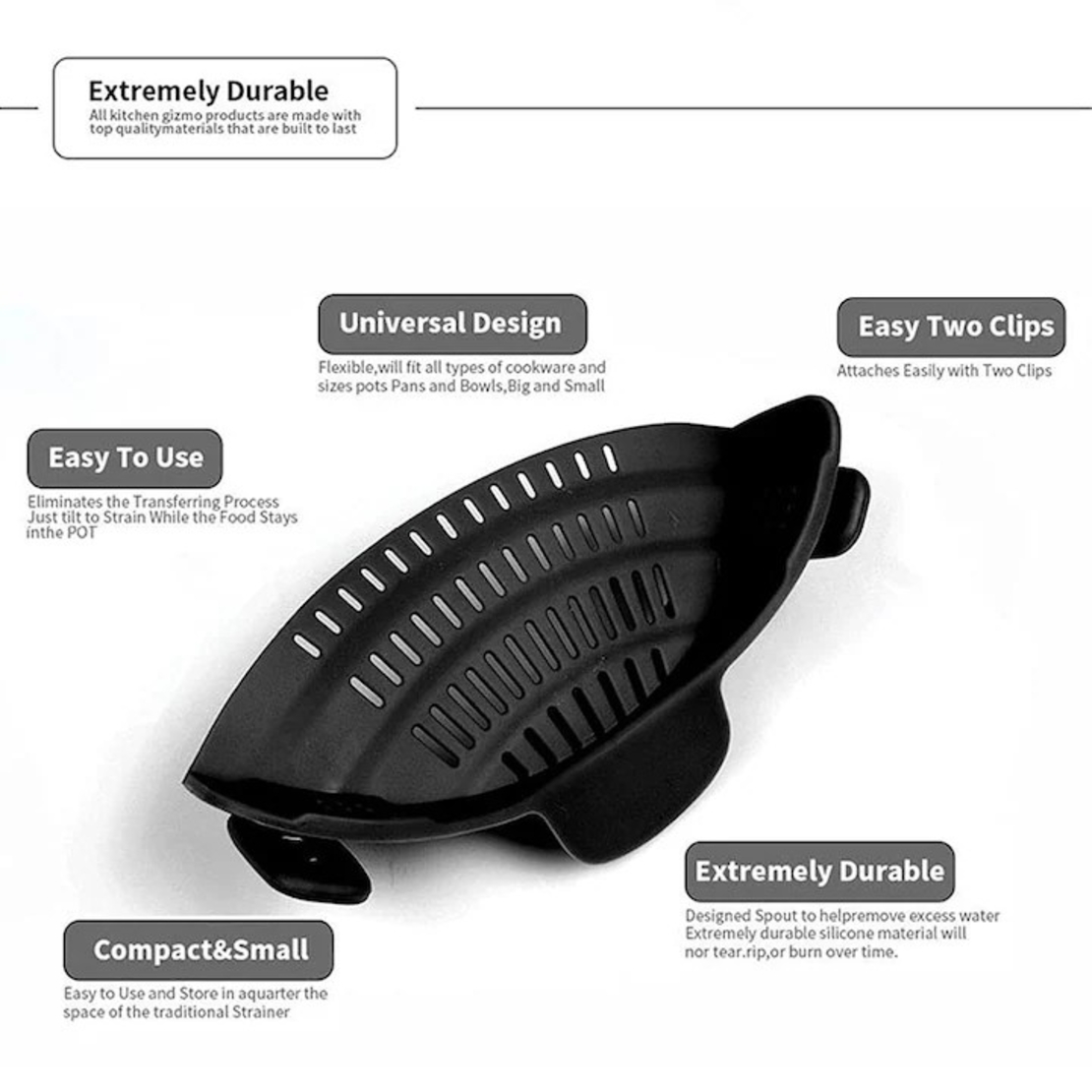 Strecurator Filtru pentru Vase, Flippy, din Silicon Rezistent la Temperaturi Inalte, Universal, Paste, Legume, Fructe, 23x12.5x6.7 cm Negru