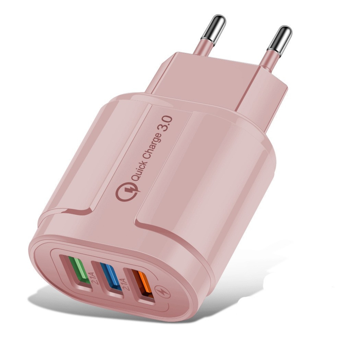 Incarcator Rapid QC3.0, Flippy, 3 Porturi USB, 2.1A, 18W, din ABS, Protectie Supraincalzire, Gama Macarons, Roz