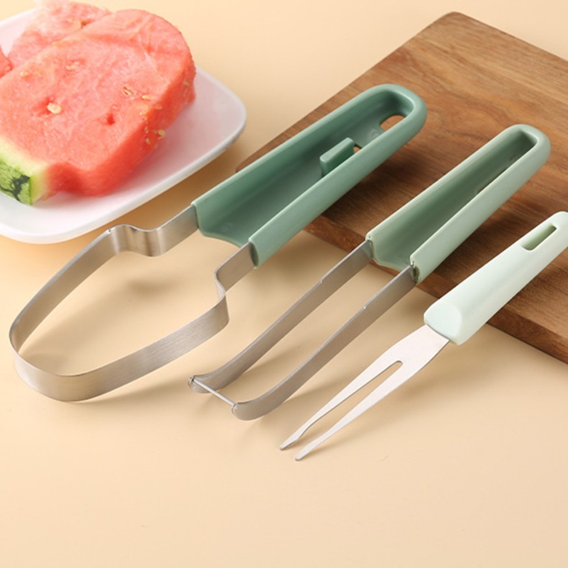 Taietor Decojitor pentru Pepene, Flippy, pentru Legume si Fructe, Multifunctional, Set din 3 Parti, Otel Inoxidabil si Plastic PP, 22.5 x 7 cm Verde