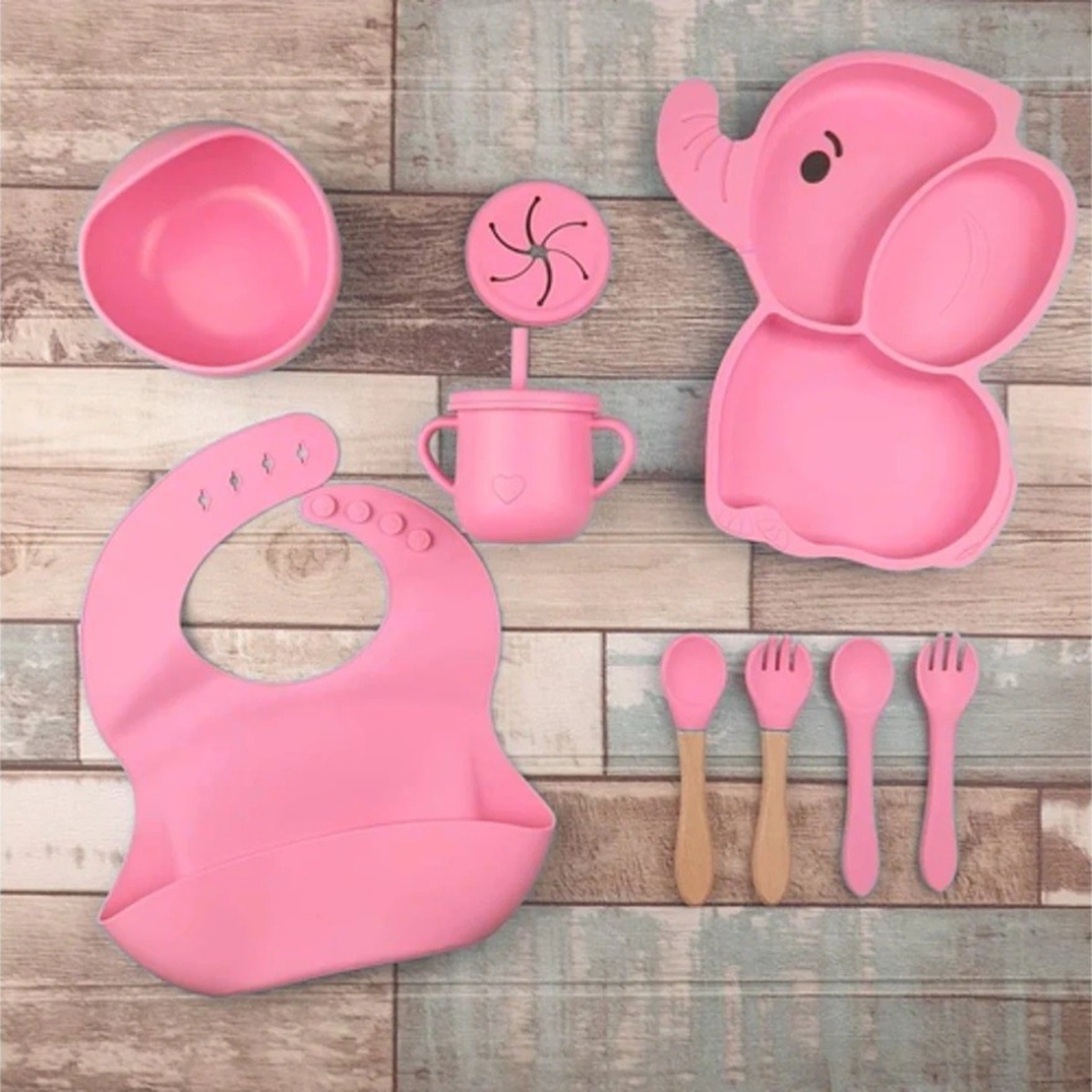 Set 10 Piese Servire Masa. Flippy, pentru Bebelusi si Copii, din Silicon/Lemn, cu Ventuze Anti-alunecare, fara Alergeni. +6 Luni, Model Elefant, Roz