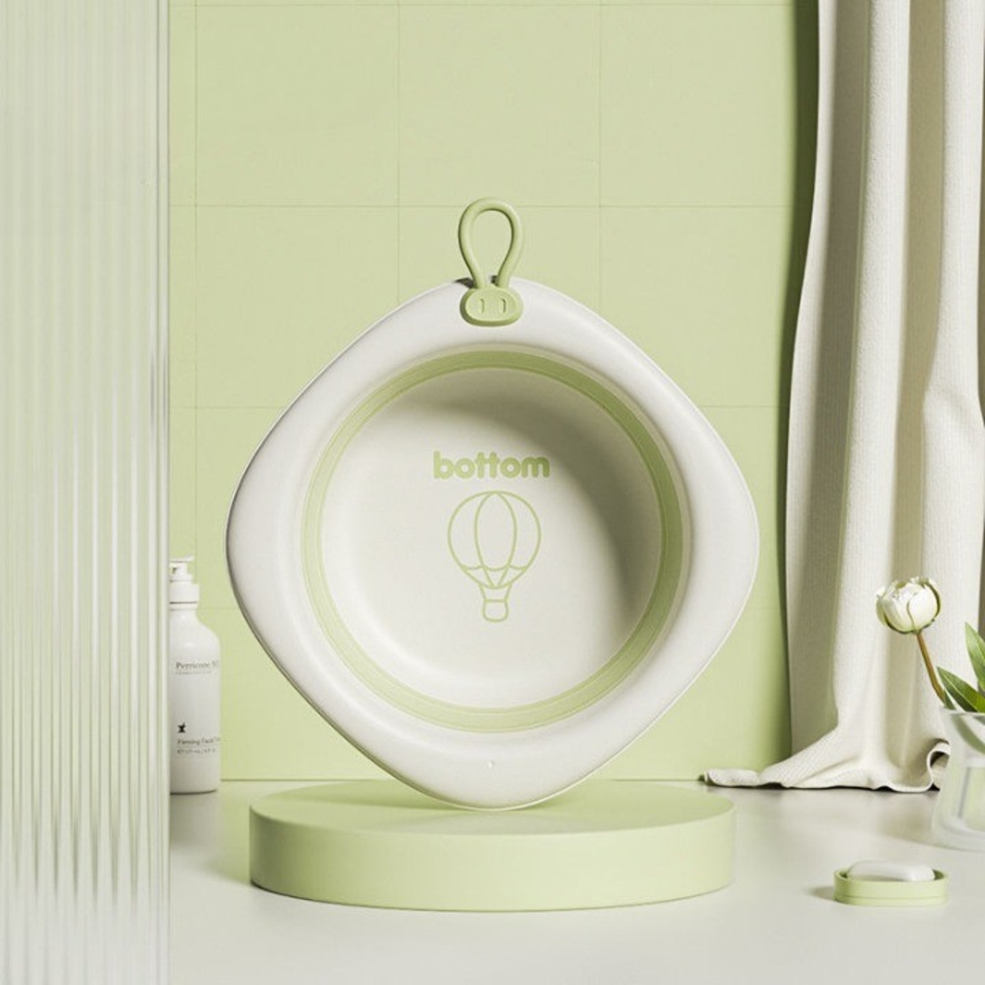 Cada Pliabila pentru Baie pentru Copii, Flippy, Cadita pentru Bebelusi, Model Romb cu Balon, Verde, 31.5x31.5x3.5 cm, 3L