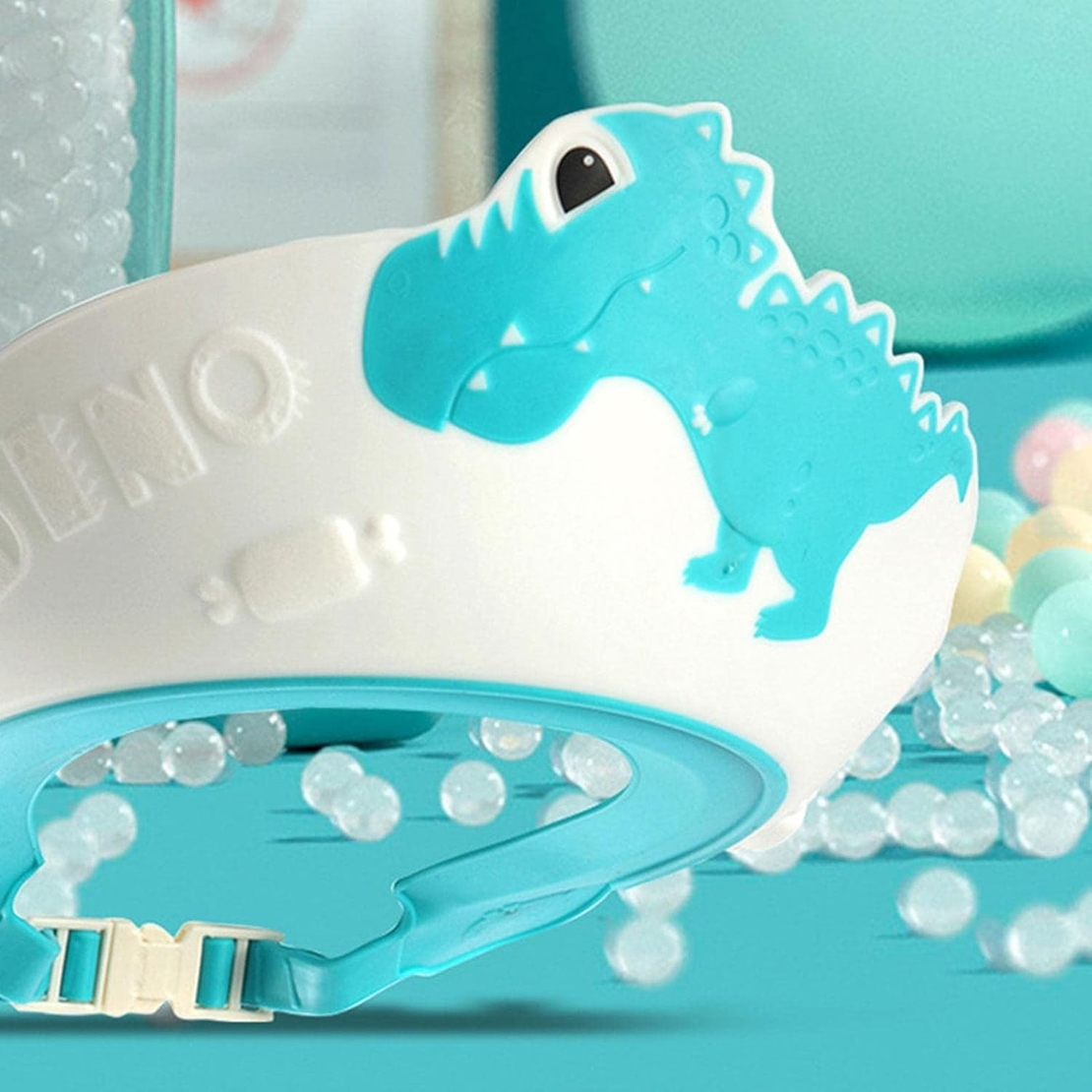 Viziera de Protectie Baie Pentru Copii, Fippy, Model Dinozaur, Dimensiune ajustabila, Durabil, Usor de curatat, Impotriva Samponului, pentru Ochi si Urechi, TPE+PP, 22x21 cm, Albastru