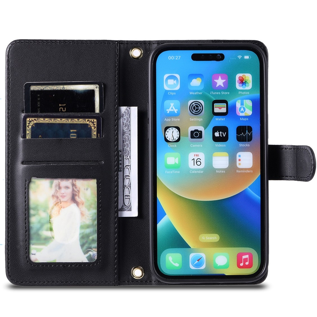 Husa de Protectie Tip Carte, Flippy, pentru Apple iPhone 15 Plus, Model cu Suport si Capsa, Antisoc, Rezistenta la Impact, Protectie Camera, Neagra