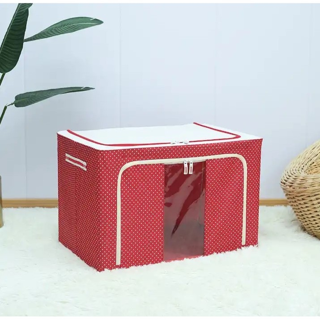 Cutie de Depozitare Pliabila, Flippy, 66 L, din Tesatura Oxford, 50x40x33 cm, Fereastra Frontala, 2 Usi de Acces cu Fermoar Bidirectional, Cadru Metalic, Suport Baza Stabil din Plastic, Imprimeu Buline, Rosu