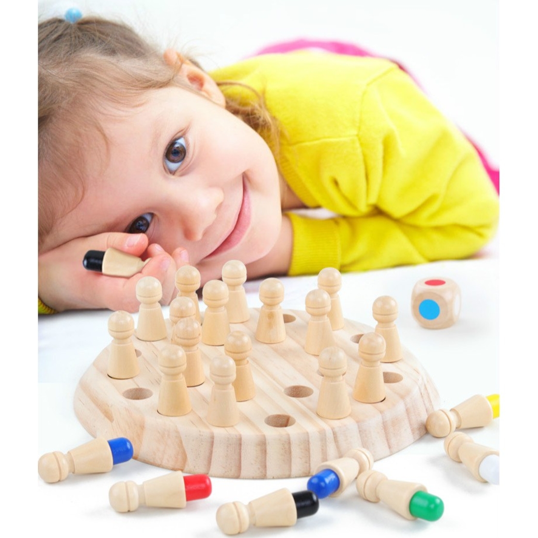 Joc de Memorie, Flippy, pentru Toata Familia, din Lemn, Diametru Tabla de Joc 16 cm, Interactiva, +4 Ani, 6 Culori, Multicolor