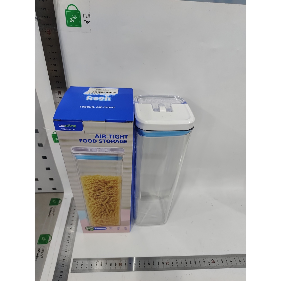 Cutie de Depozitare Alimente, Flippy, tip Container, 1.9L, 10x10x30.5 cm, Recipiente pentru Cereale in Bucatarie,  Transparente cu Capac Alb-Albastru