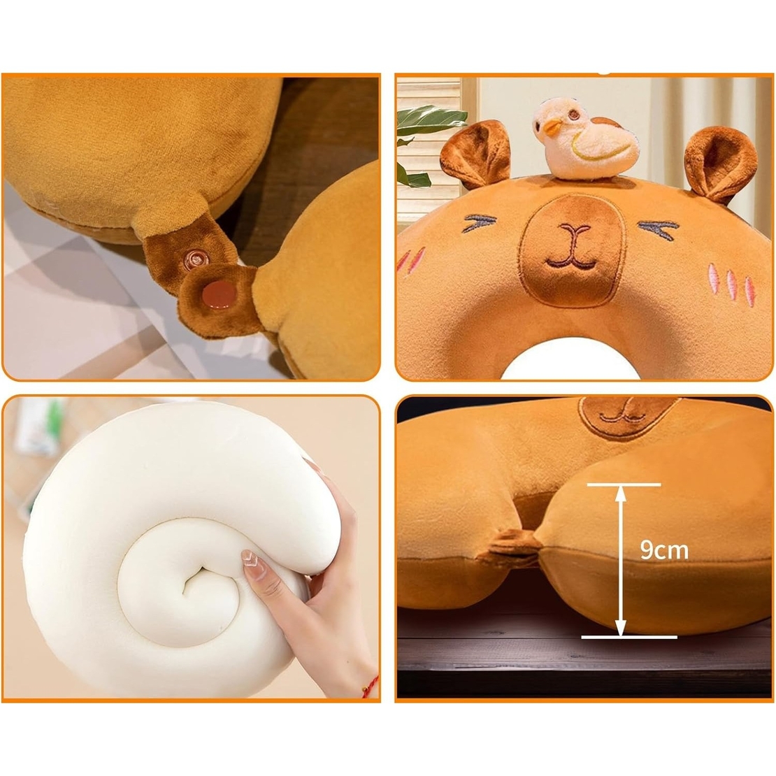Perna de Calatorie in Forma de U, Flippy, Pentru Gat si Cap, Umplutura din Spuma cu Memorie, 30x30 cm, Model Capybara, Accesoriu de Voiaj, Birou, Masina, Sistem Prindere Capse, Maro
