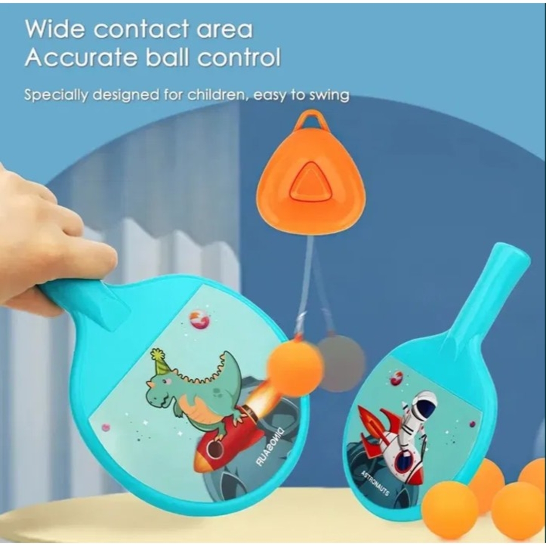 Set 2 Palete de Tenis de Masa, Flippy, pentru Copii, Design Animat, Tematica Astronauti, Accesoriu de Agatat Inclus si 2 Mingi, Albastru