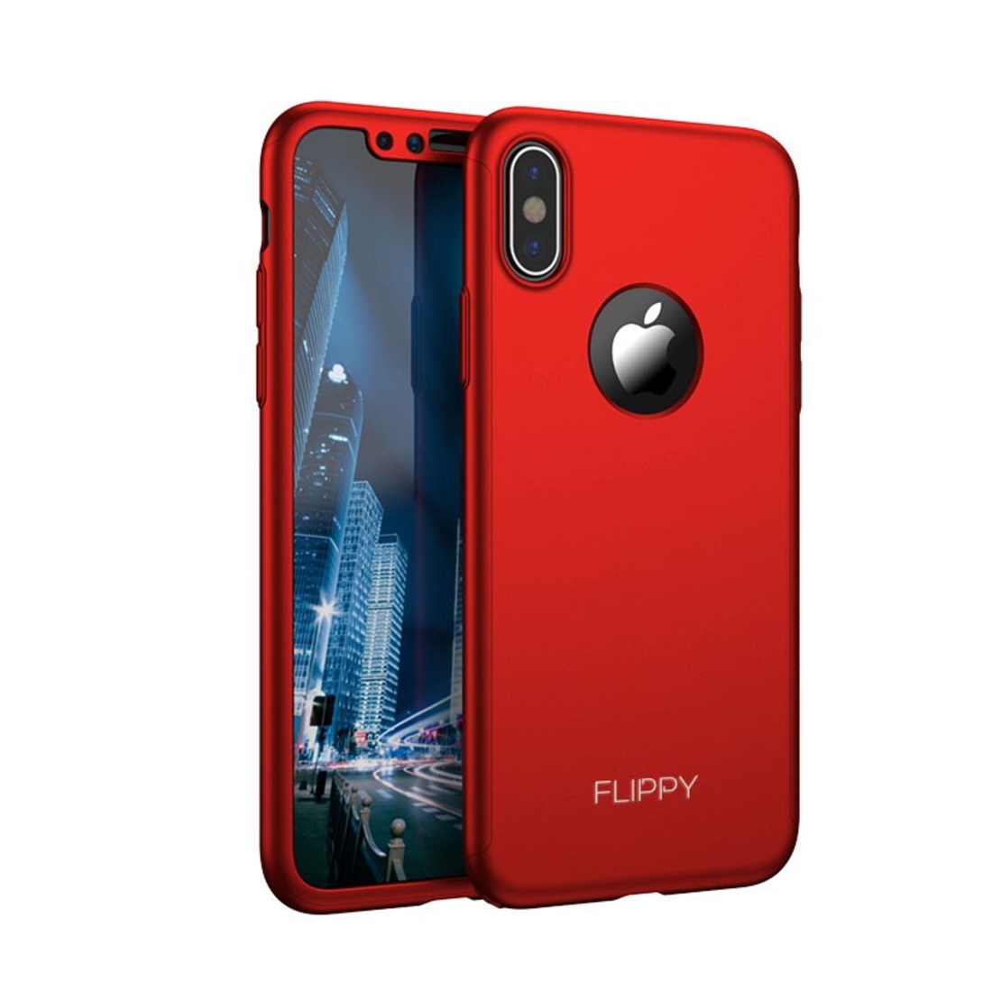 Set Husa si Folie de Protectie, Flippy, Compatibila cu Apple iPhone X, Full Cover 360°, Plastic + Sticla, Rosu