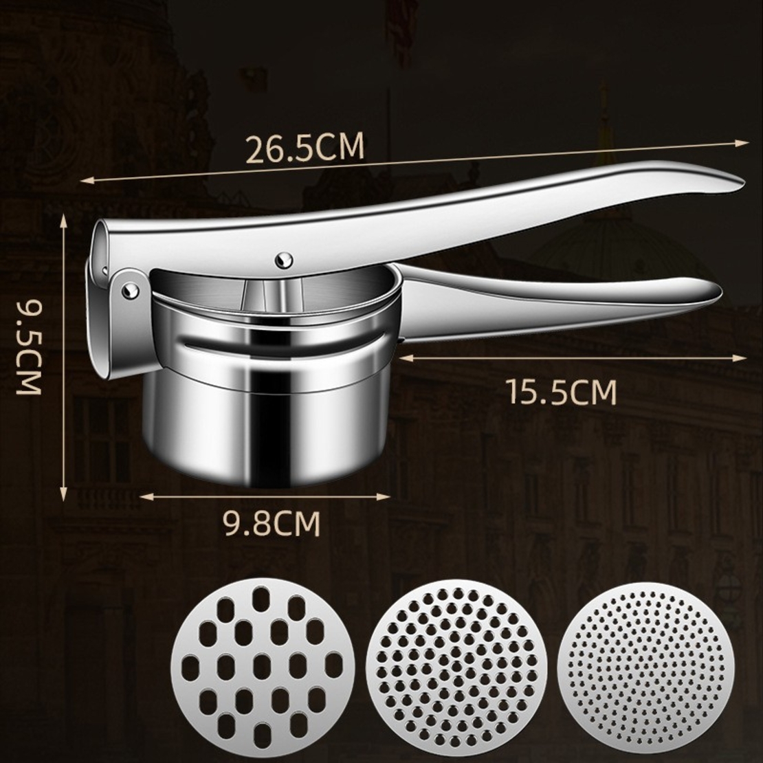 Presa Storcator pentru Fructe si Legume, Flippy, Zdrobitor Manual, Inox, 3 Discuri Interschimbabile, Usor de Stors si de Curatat, Ergonomic, 26.5 x 9.8 x 9.5 cm Argintiu
