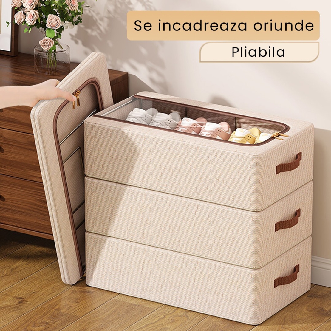 Cutie Depozitare cu Cadru Metalic, Flippy, pentru Incaltaminte, Haine, Lingerie, Fermoar Calitativ, Fereastra Transparenta, Manere Laterale, 60 x 30 x 15 cm Bej