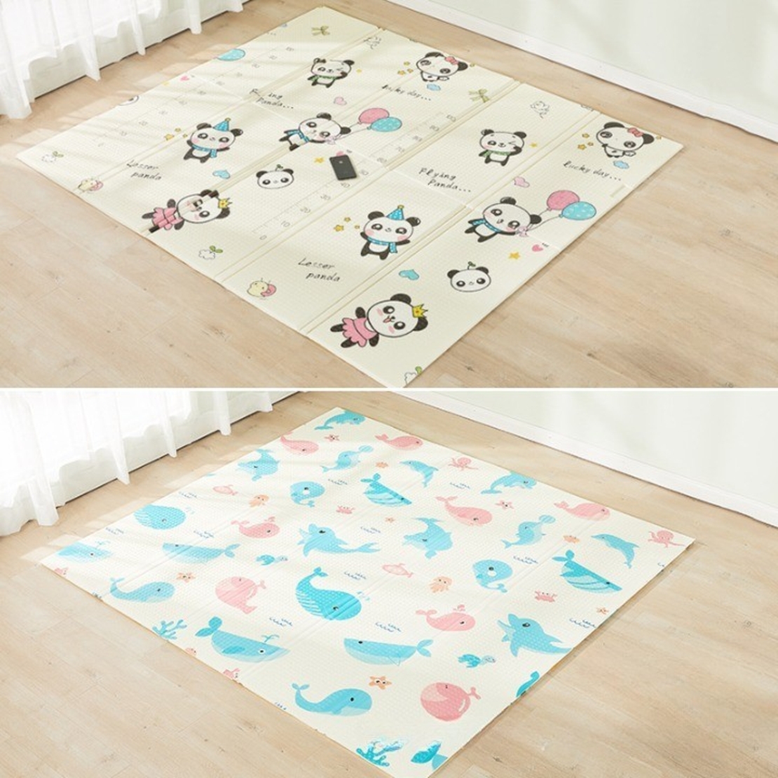 Covoras de Joaca pentru Copii Termic cu 2 Fete, Flippy, Model Ursuleți si Delfini, cu Spuma, Impermeabil, Antiderapant, 200cm x 180cm x 1cm