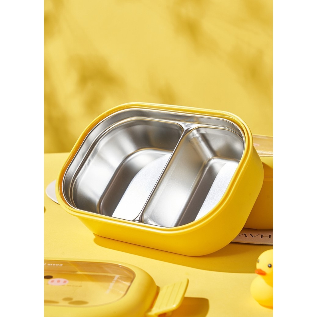 Cutie pentru Pranz sau Gustari, Flippy, cu Doua Compartimente, Model Ratusca, pentru Copii si Adulti, Etansare, PP, Perfect pentru Scoala si Birou, 1000 mL, 22.5x14.5x8 cm, Galben